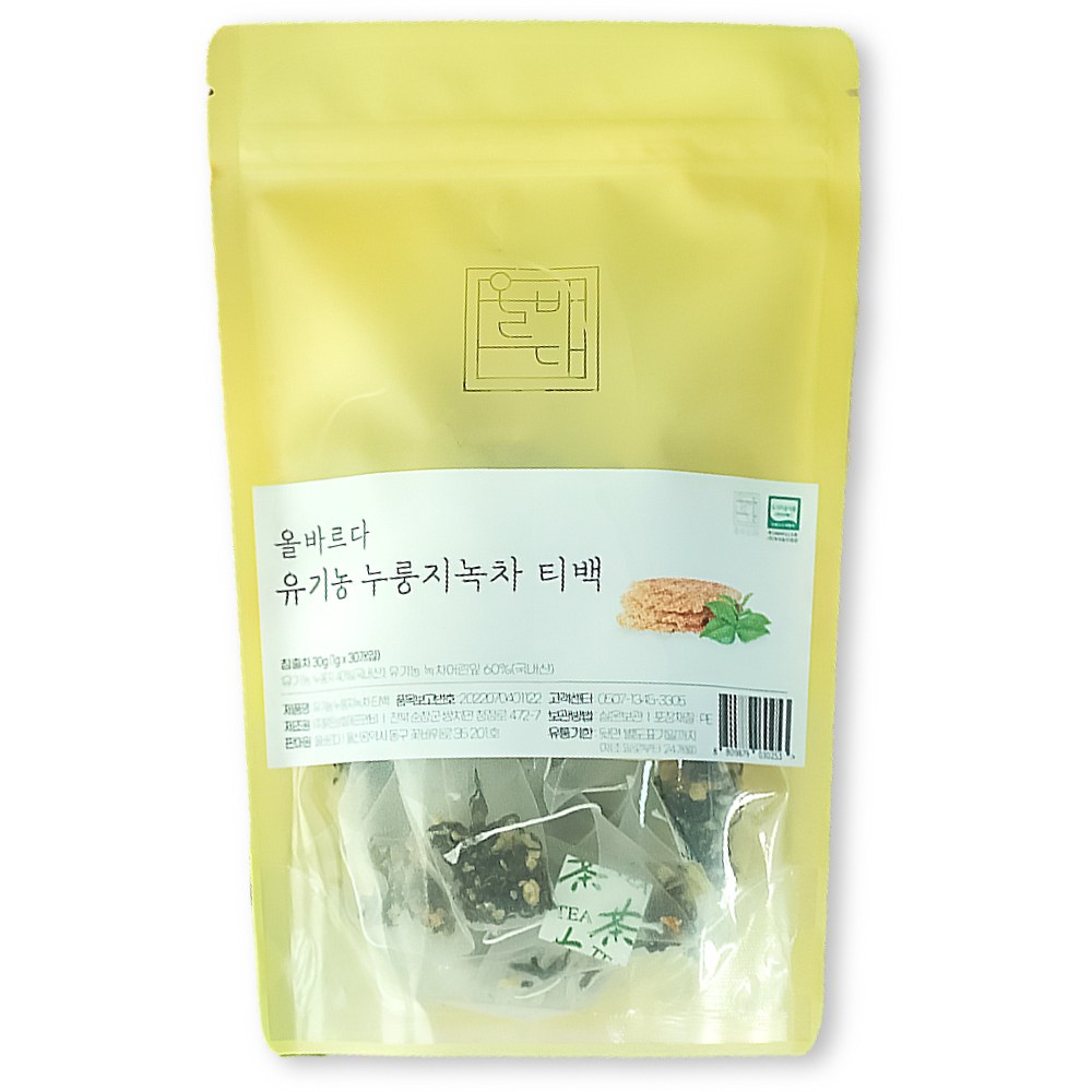올바르다 유기농 누룽지 녹차 무농약 하동 국내산 티백 어린잎, 1개, 1g, 30개입 24,900원