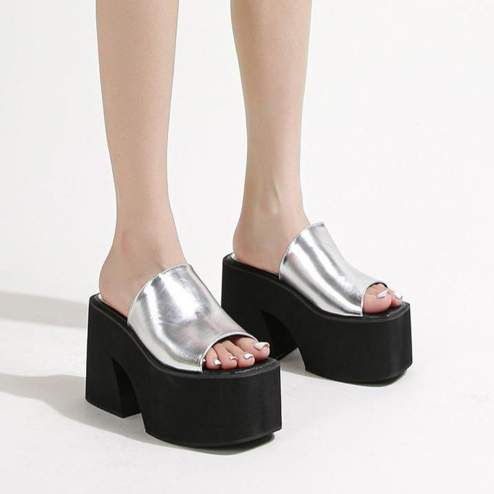 10cm 골드 키높이 오픈토 슬리퍼 가보시힐 통굽 하이힐 샌들 46,500원