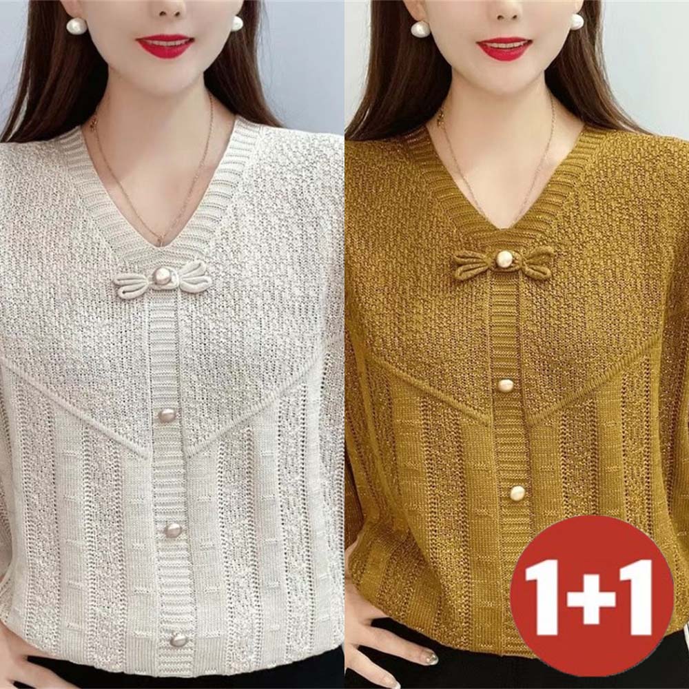 TKX 1+1 여성 V넥 니트 스웨터 진주 단추 디자인 가을 겨울 데일리룩 캐주얼 21,370원