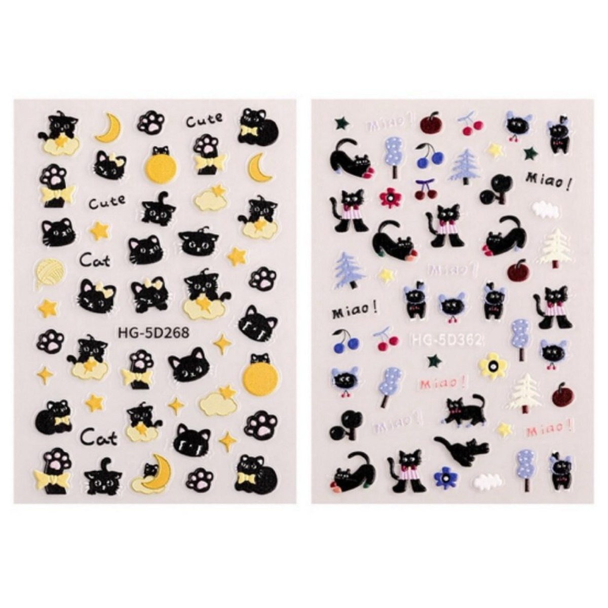 별라 힙한 엠보 입체 네일 스티커 귀여운 고양이 동물 별 달 리본 하트 2종 세트, 2개, A형, 현재가 8,900원