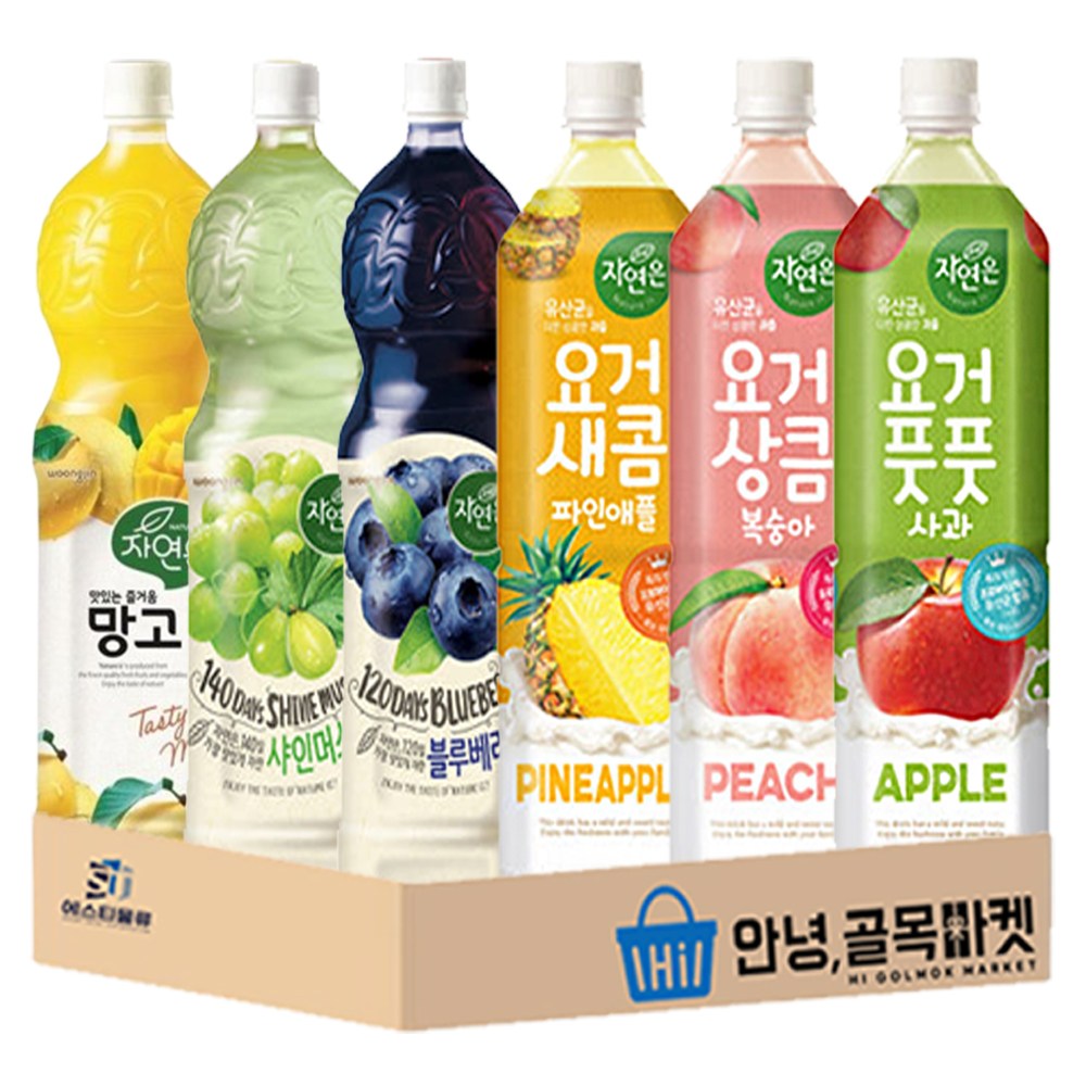 자연은 1.5L 음료 6종 세트 요거풋풋 ( 파인애플 복숭아 사과 ) 과일 주스 ( 망고 샤인머스캣 블루베리 ), 6개, 1.5L 18,500원