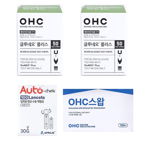 오상헬스케어 글루네오 플러스 혈당시험지 당뇨혈당체크지 세트 (혈당시험지 100매 + 채혈침 100개 + 알콜솜 100매) elevee 22,500원