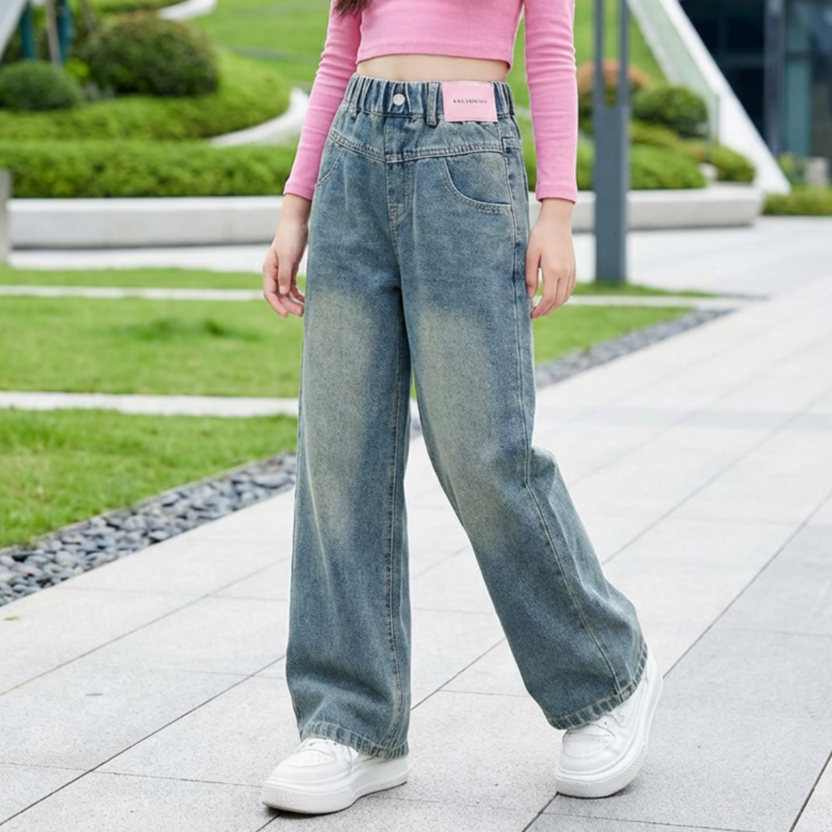 Tooliva 여아 청소년 청바지 와이드 데님팬츠 주니어 밴딩 통바지 워싱 스트레이트 봄가을용 23,800원