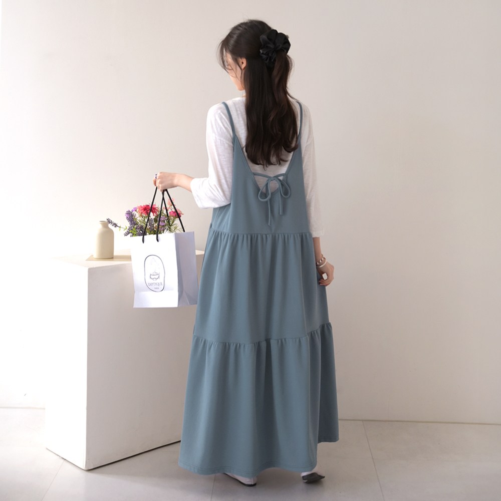 데일리앤 샤를린 뒷리본 끈나시 셔링 캉캉 플레어 레이어드 뷔스티에 롱 원피스 빅사이즈 임산부 15,400원