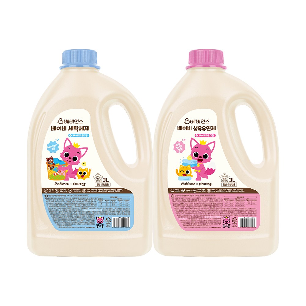 베비언스 핑크퐁 베이비 세탁세제 대용량 3L + 섬유유연제 대용량 3L 21,140원