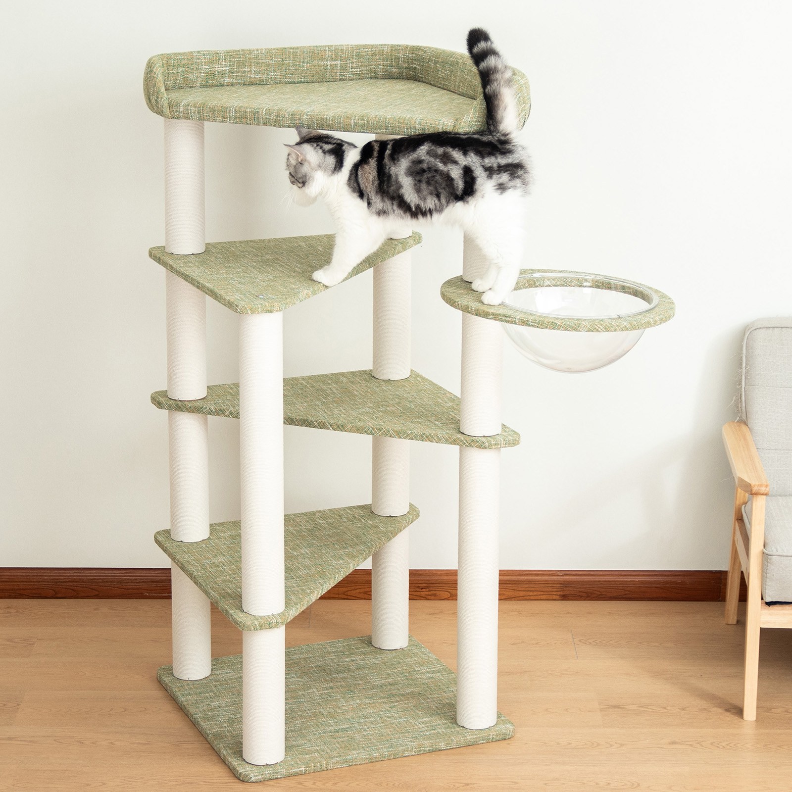 캣타워 5단 마포소재 고양이타워 모던 스크래쳐 심플 프리미엄 대형 침대 강화 높이 135센치 투명해먹 캣트리 전망대 클리어볼 매우 넓은 공간을 제공하는 고양이타워 95,800원