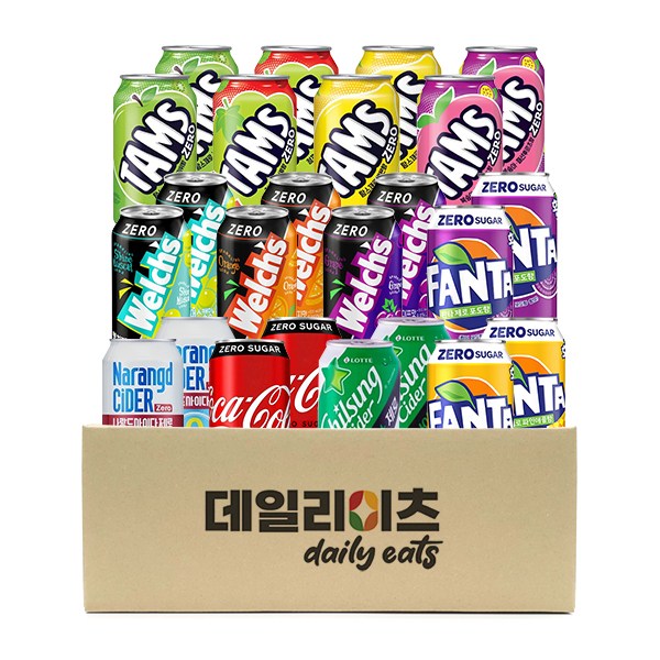 [데일리이츠] 제로칼로리 뚱캔 음료수 12종 24캔 믹스 세트(코카2+사이다2+나랑드2+환타파인2+환타포도2+웰치포도2+웰치오렌2+웰치샤인2+탐스사과2+레몬2+청포도2+복숭아2) 27,800원