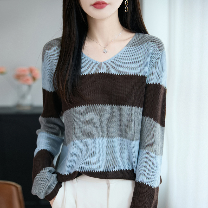 SALE NEW 여성니트 브이넥니트 가을니트 스트라이프니트 긴팔 풀오버 여성니트티 지고트니트 여성오피스룩 패션 슬림핏 컴포트 원단 22,990원