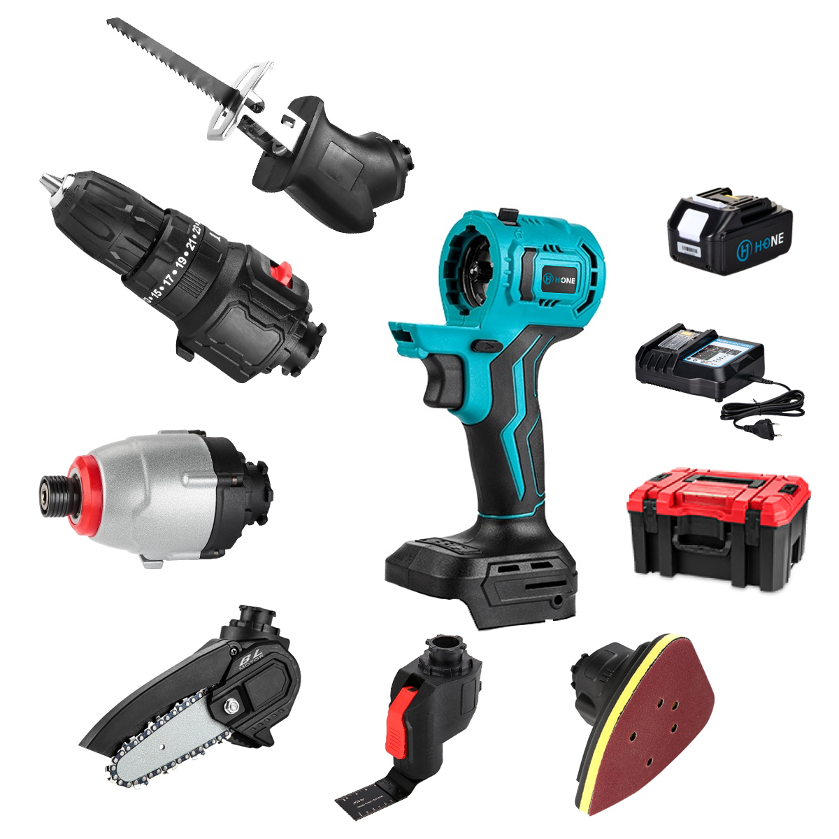 에이치원 무선 멀티드릴 공구 해머 직소 임팩 멀티 공구 6종 + 4A 배터리 +고속 충전기 세트 (임펙+해머드릴+멀티커터+체인톱+컷쏘+샌딩), 1개 168,190원