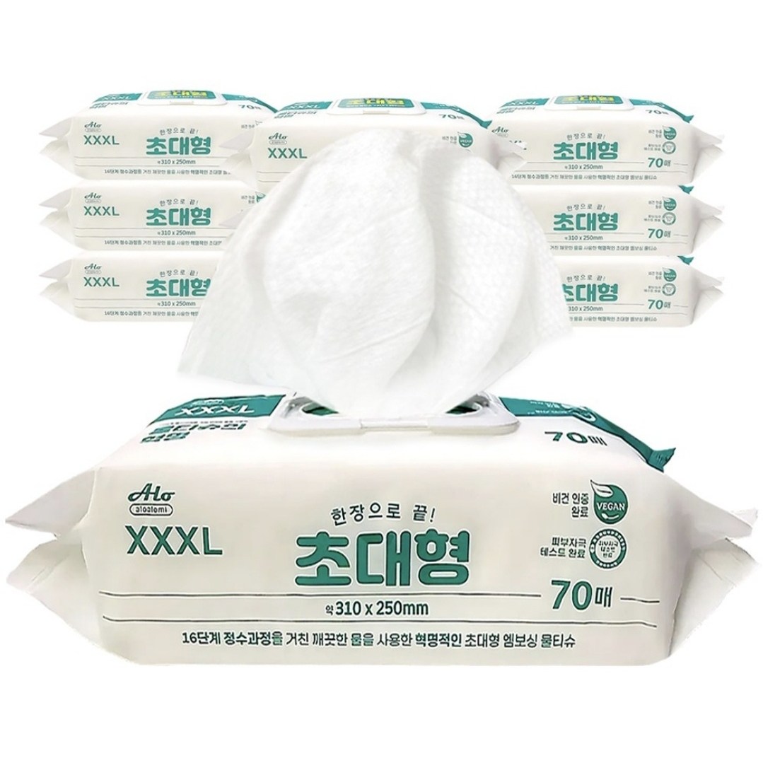 초대형 물티슈 한장이면끝! 도톰한 엠보싱 3XL 특대형 빅사이즈 캡형 (310x250mm)  1팩=1kg 3,800원