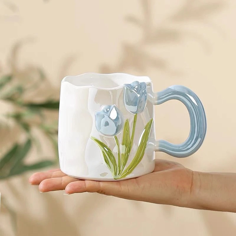 MAKABORO 도자기 머그컵 물컵 예쁜 플라워 생일 선물 커피잔, 1개, 블루 18,400원