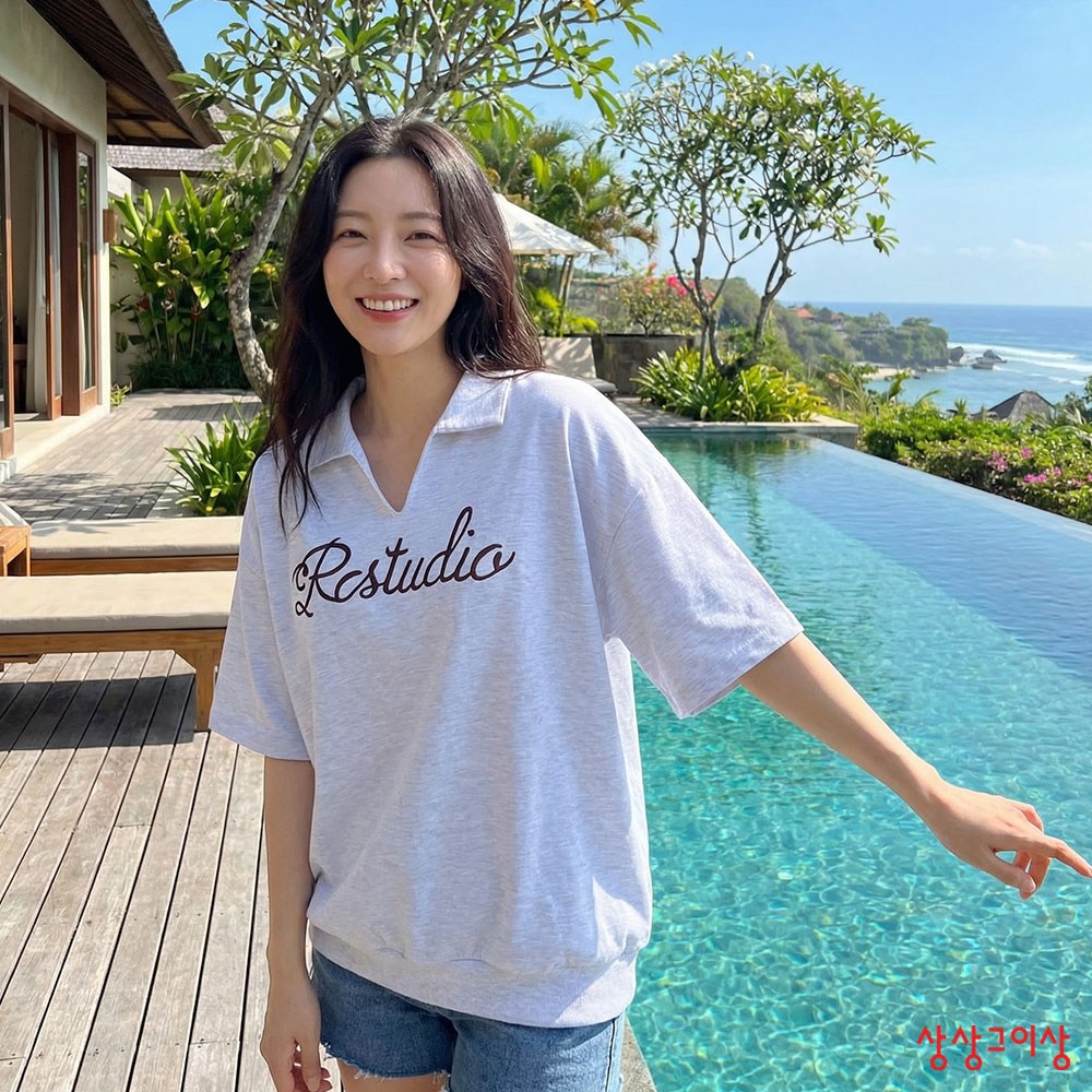 상상그이상 여성용 국내제작 로맨틱 카라반팔 브이넥 레터링 포인트 루즈핏 티셔츠 늘어짐없는 탄탄한 면소재 체형커버 활용도높은 사계절 꾸안꾸룩 27,700원