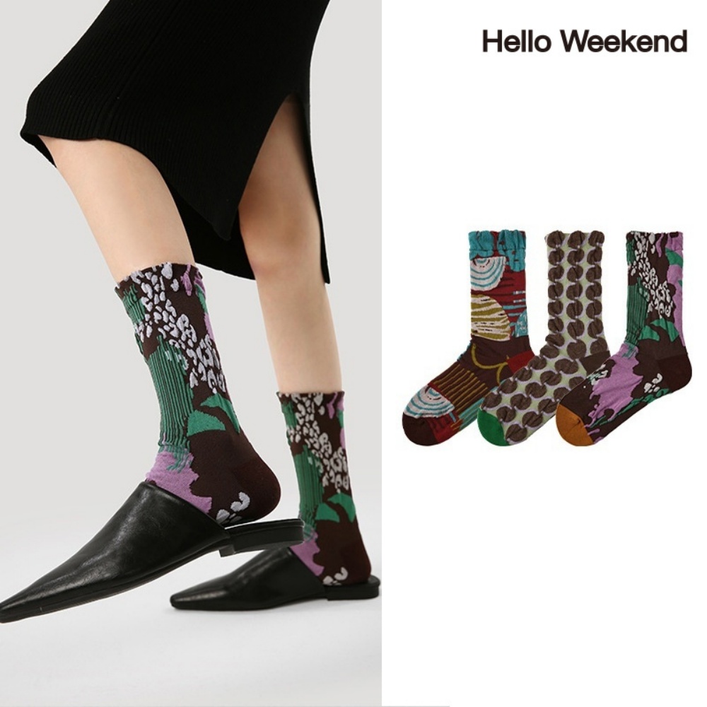 Hello Weekend 여성 양말 배색 봄여름 양말 중목 양말 장목 양말 중목 양말 스트라이프 편안한 무압박 운동 통기성 패션 면 양말 3족 세트 24,990원