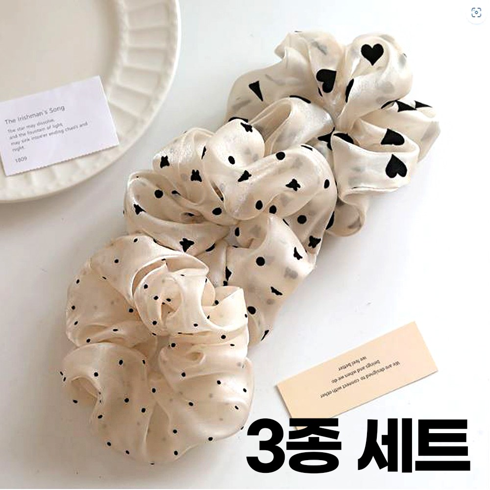 미다미 [3종세트] 샤틴 하트 꽃 도트 곱창밴드 슈슈 스크런치 9,900원