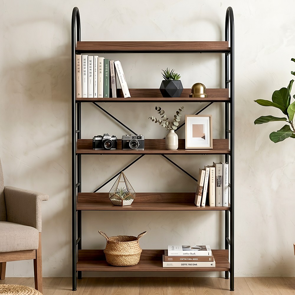 소프트엣지 조립식 거실 철제 책장선반, 5단, 월넛 블랙 49,800원