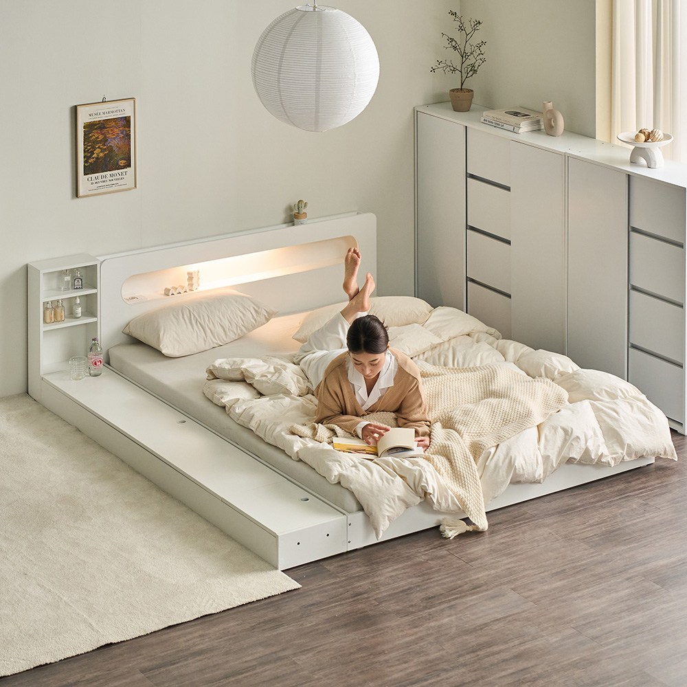 파로마 에밋 LED조명 저상형침대 수납형 퀸 Q 프레임만, 화이트 159,000원