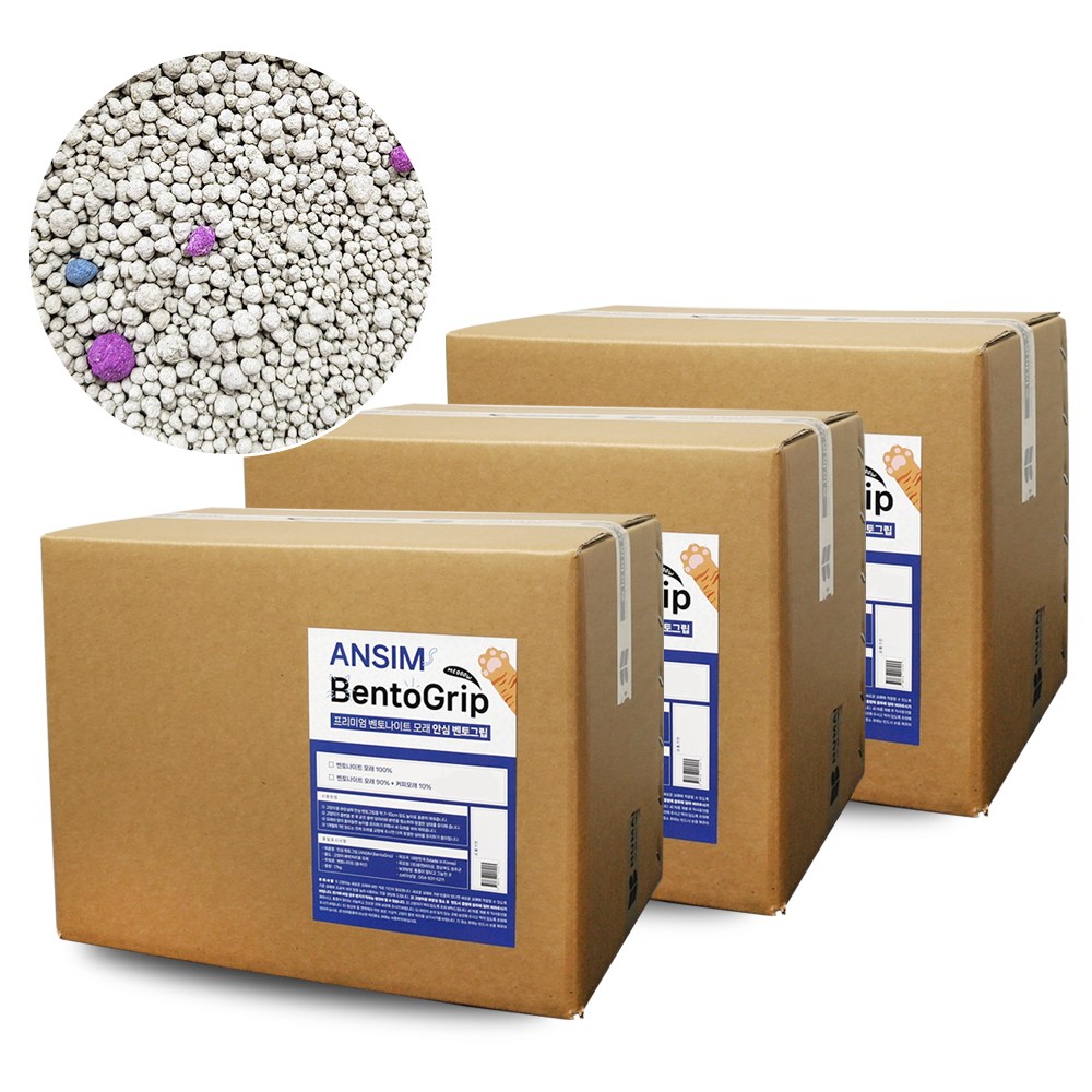안심벤토그립 3박스 54kg세트 대용량 다묘가정 벤토나이트 고양이모래 고양이화장실모래 가는입자, 18kg, 3개, 무향 43,310원