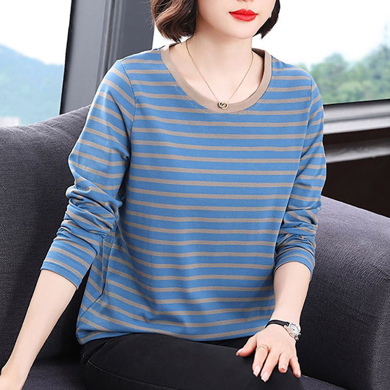중년여성 가을 순면 엄마 스트라이프 라운드넥 빅사이즈 루즈핏 데일리 세련된 소프트 긴팔티 19,900원