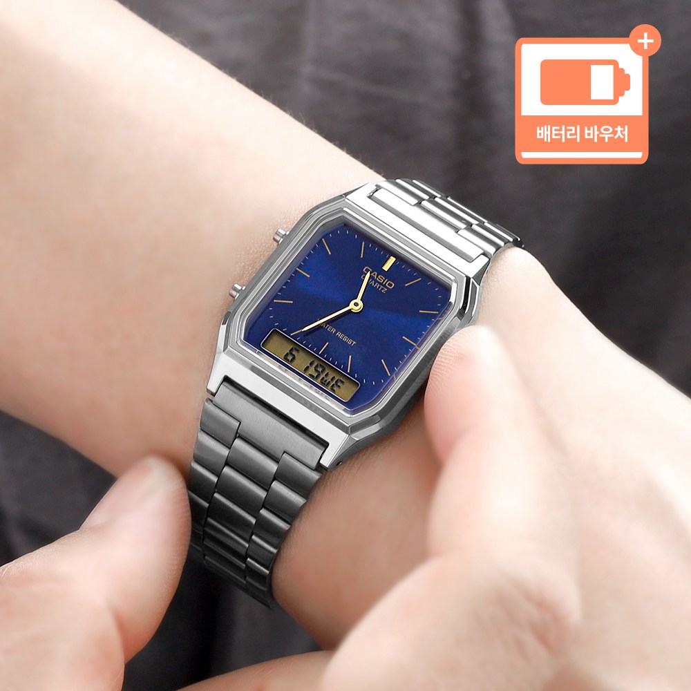 카시오 빈티지 아나디지 사각 스퀘어 차콜 블루 공용 메탈 손목시계 + 배터리 바우처 65,960원