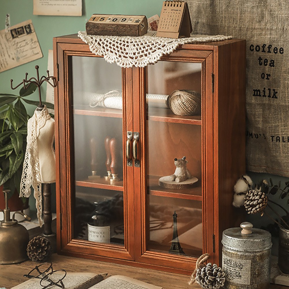 감성 원목 양문형 유리 장식장 3단 홈카페 컵 보관함 빈티지 우드 미니 수납장 진열대, 원목 39,990원
