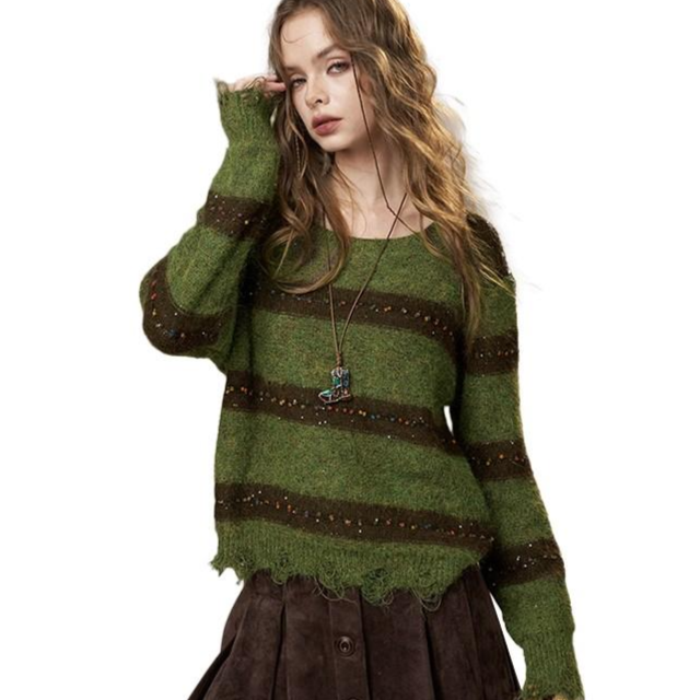 ELFSACK 편안한 루즈핏 스웨터 - 스트라이프 디자인, 컬러 포인트 디테일, 라운드넥 밑단 술 장식 캐주얼 스웨터 핏이 여유 있습니다 55,480원