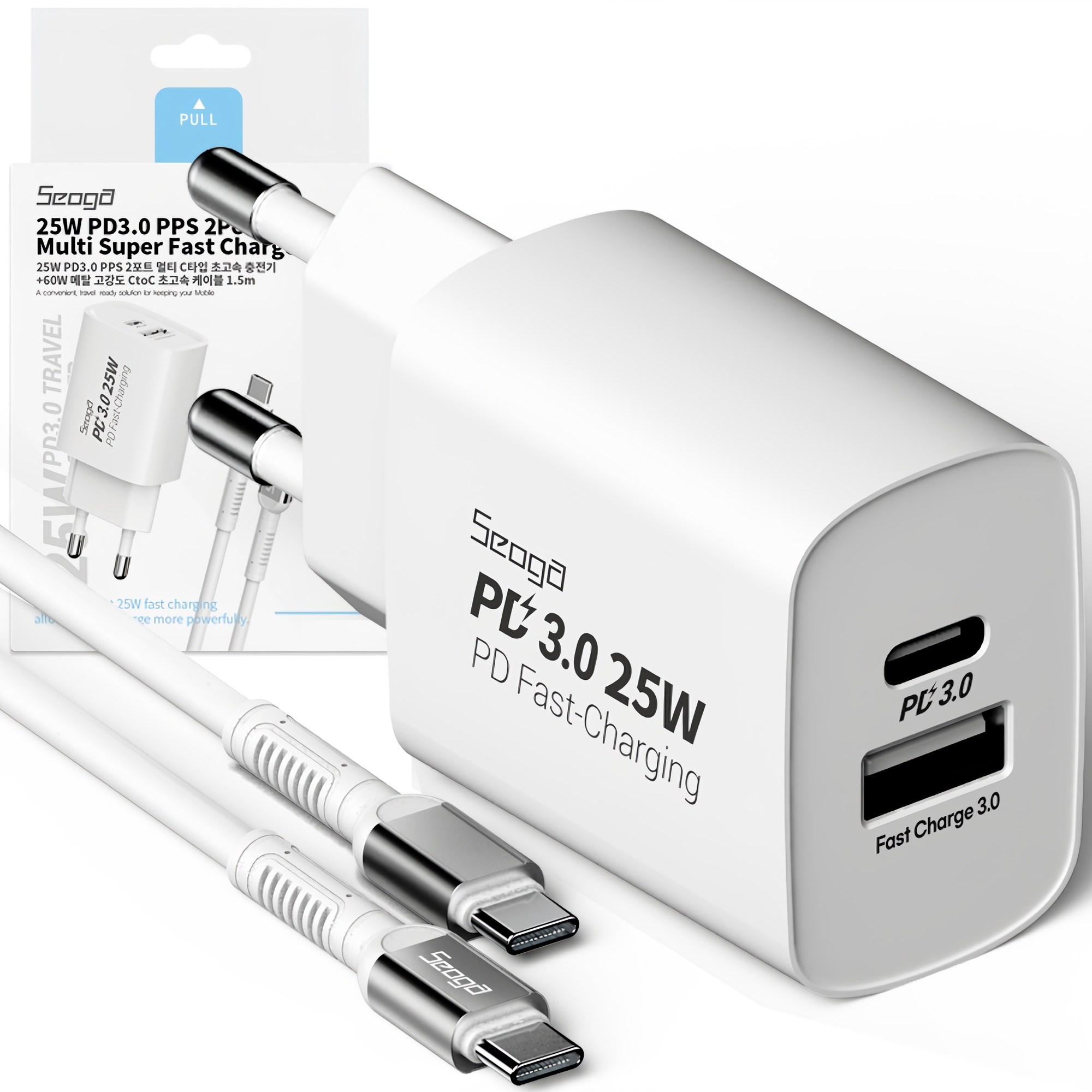 서가 C타입 초고속 충전기 25W PD3.0 PPS 2포트 멀티 + 메탈 고강도 CtoC 케이블 1.5m 60W 세트, 화이트, 1개 11,980원