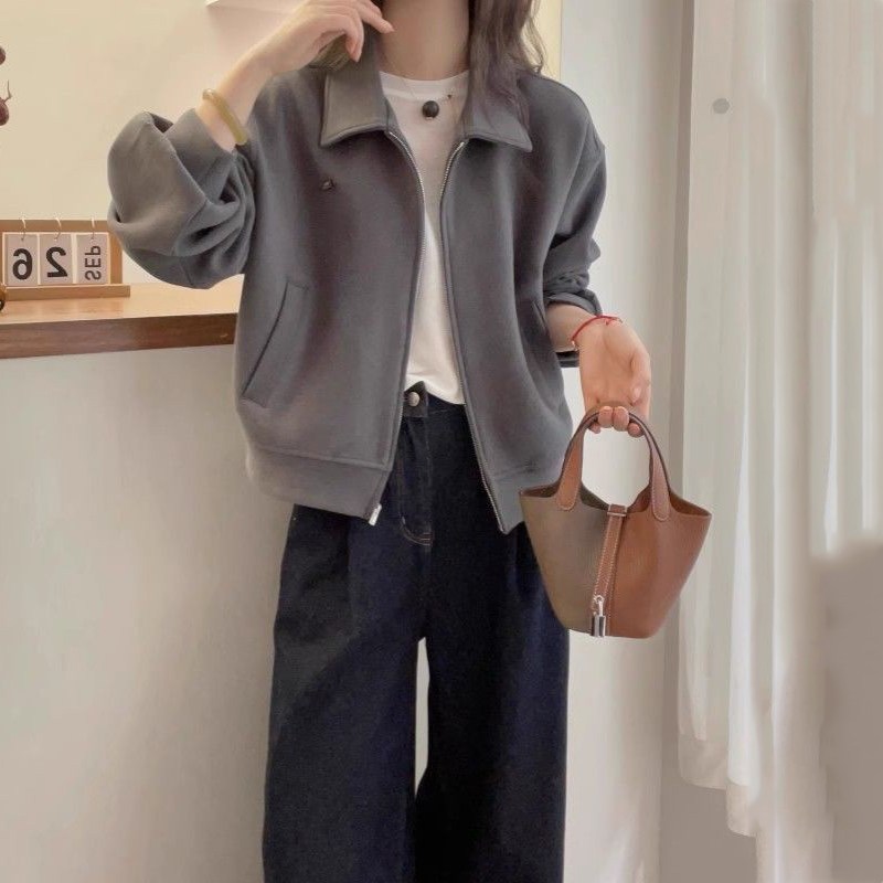 슬림소녀 여성 봄 가을 쇼트 긴팔 집업 자켓 코트 심플 키 작은 루즈핏 캐주얼 칼라 상의 26,540원