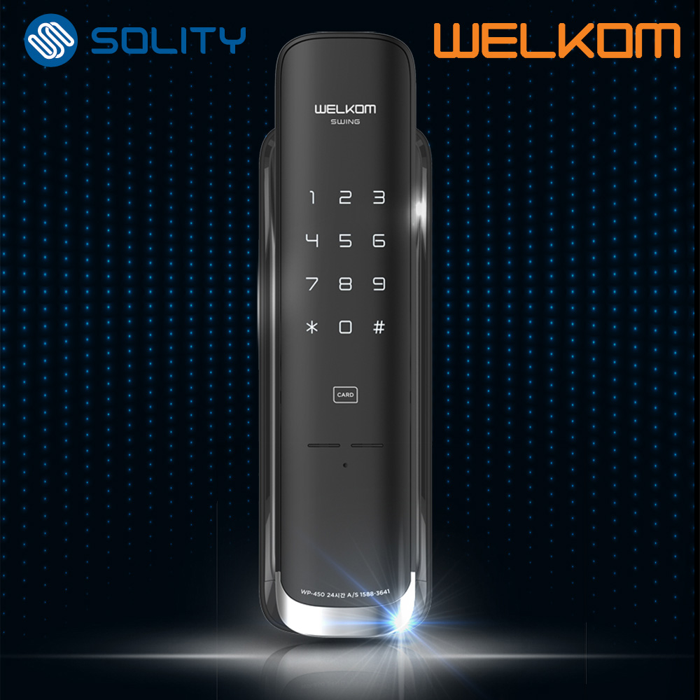 [전국설치] 솔리티 웰콤 신제품 [스윙] 무타공 푸시풀도어록 카드키4개+번호키 블루투스(옵션) 푸시바잠금 내/외부강제잠금 허수기능 마스터번호[카드]기능 현관문 디지털도어락, 웰콤 스윙(무타공 푸시풀), 방문설치 190,000원