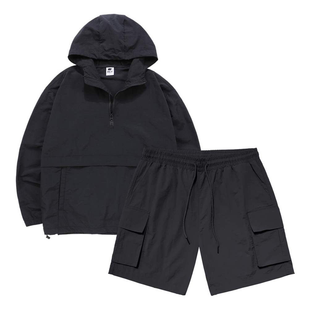 엠씨티 남녀공용 아노락 바람막이 반집업 후드티 + 우븐 카고 반바지 세트 59,100원