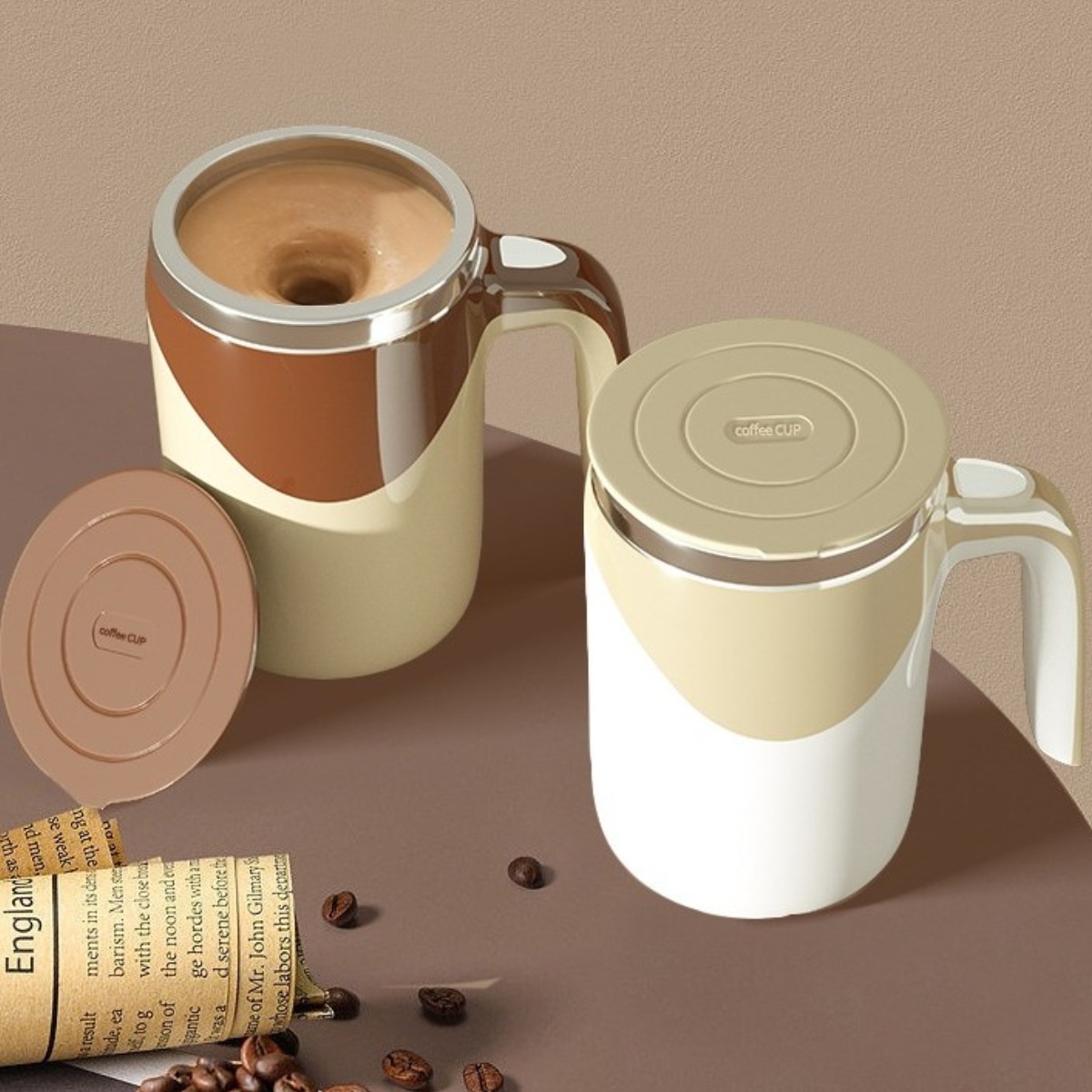 Lovfir 커플 전자동믹싱 커피잔 간편세척 보온보냉 스테인레스강내벽 물컵, 1세트, 브라운과 화이트 24,900원
