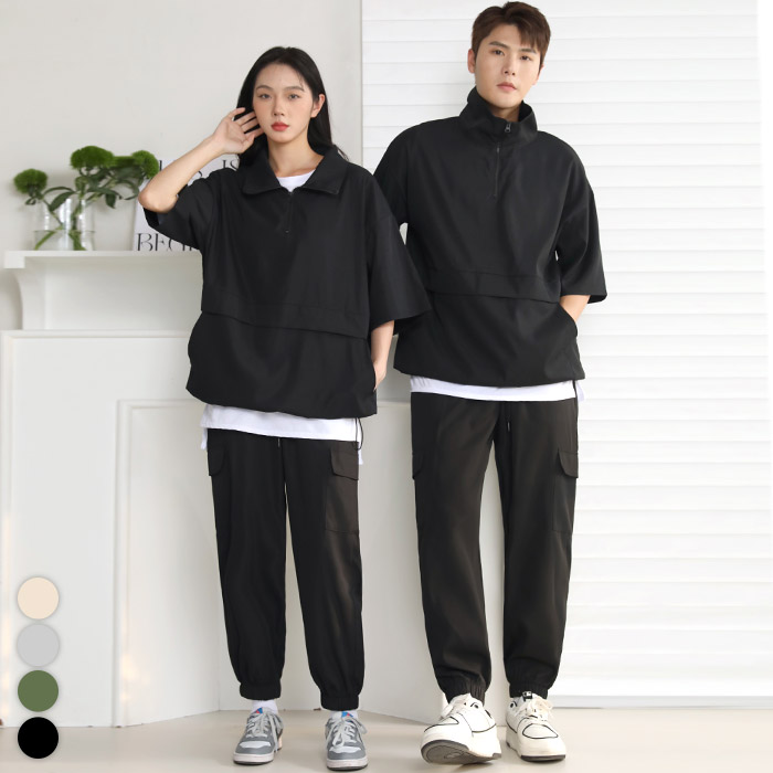 텐클로 빅사이즈 (상의 90~140) 남녀공용 바람막이 반집업 반팔 아노락 + 조거 팬츠 트레이닝 상하세트 37,400원