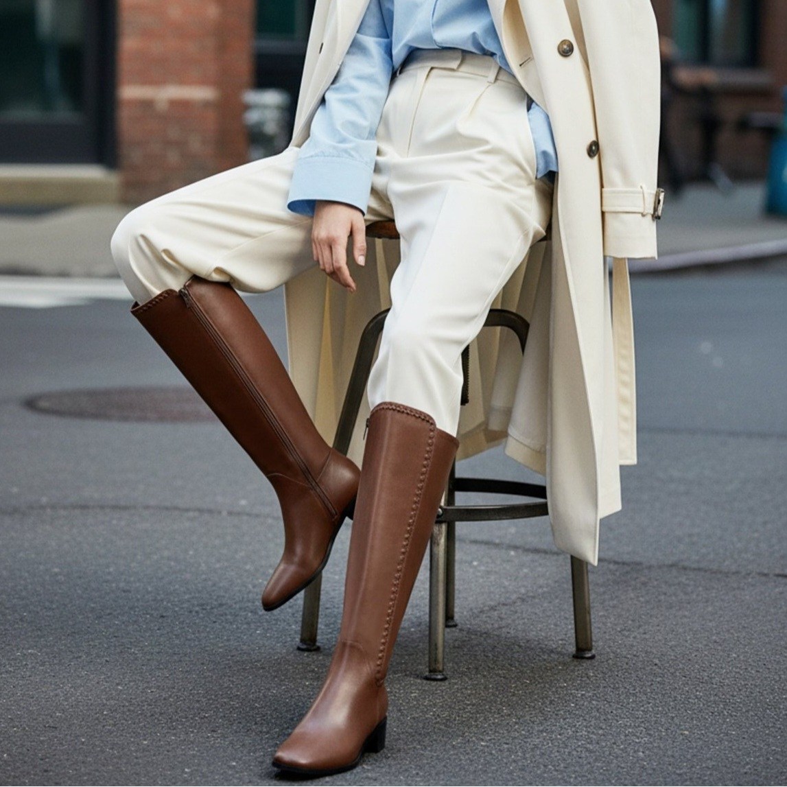 블랑쉬엘 스티치장식 4cm 가죽 롱부츠 아몬드토 블랙 브라운 여성 데일리 간절기 부츠 81,500원