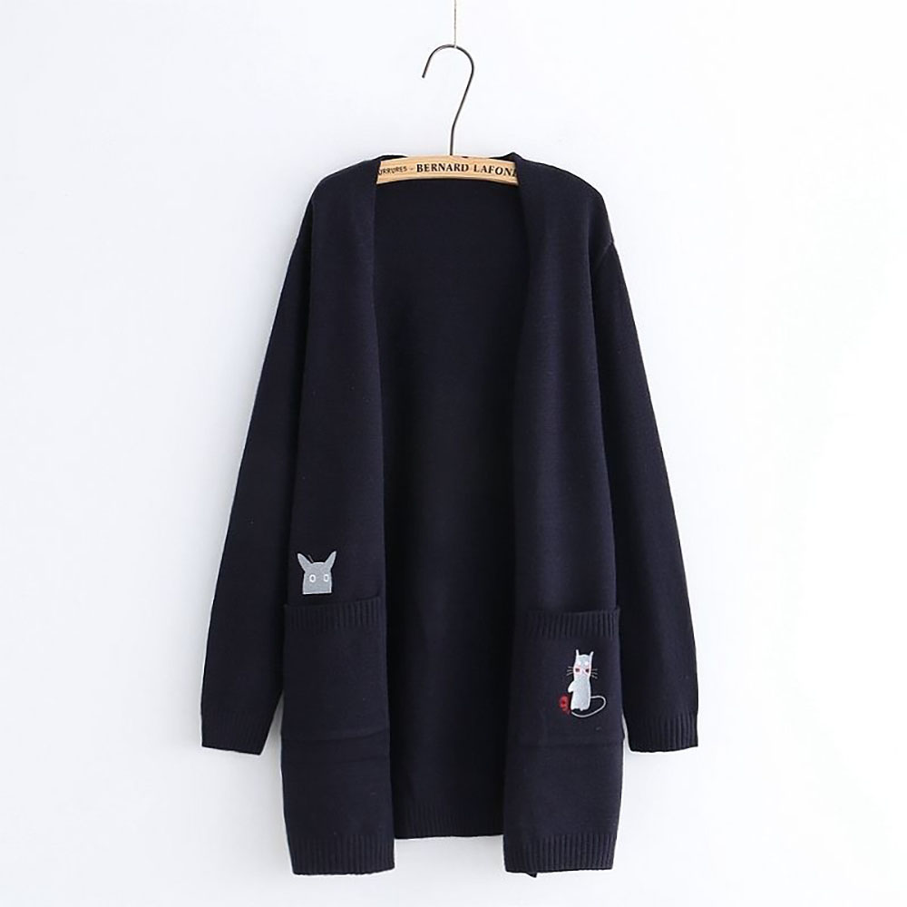 ROYALBELLE 여성 고양이 자수 귀여운 니트 가디건 하프기장 포켓 데일리 베이직 스웨터 가디건 V101602 24,500원