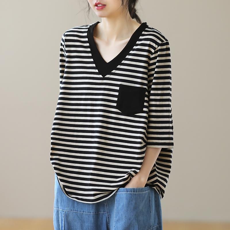 루스리더 여성 스트라이프 브이넥 빅사이즈 반팔 티셔츠 M766 32,000원