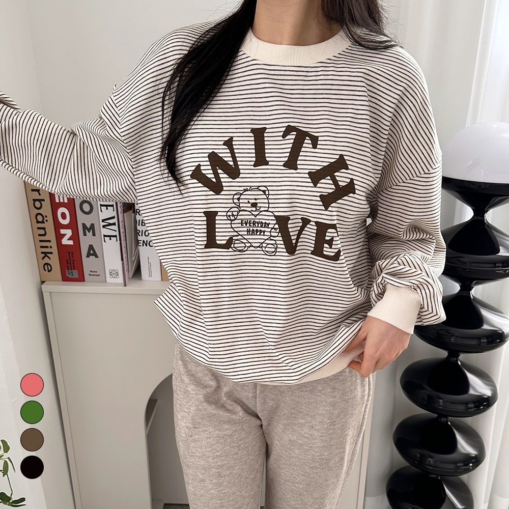 디테일웨어 여성 위드곰 단가라 맨투맨 귀여운 레터링 오버핏 긴소매 티셔츠 스트라이프 여자맨투맨 데일리 스웻셔츠 22,800원