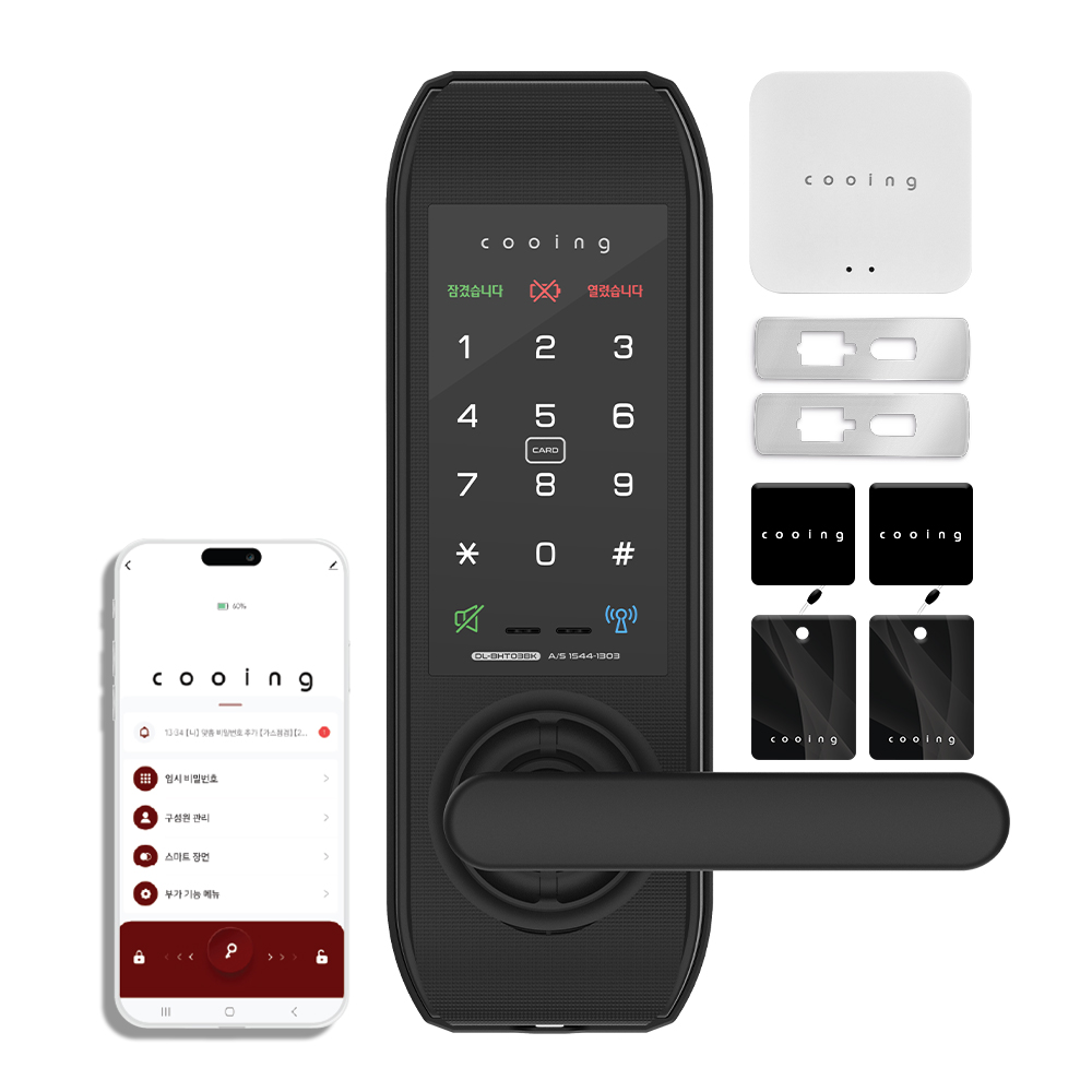 쿠잉 무타공 주키 손잡이있음 원격제어 IoT 현관문 스마트도어락 DL-BHT03BK + 보강판 + 게이트웨이 세트 159,000원