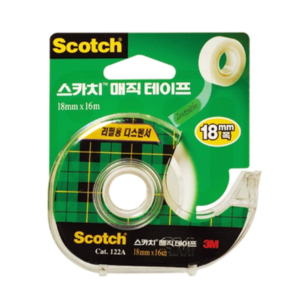 3M 스카치 매직 테이프 단면 디스펜서 1인치 122A 18mm x 16m 무광 반투명 필기가능, 1개, 단일상품 2,890원