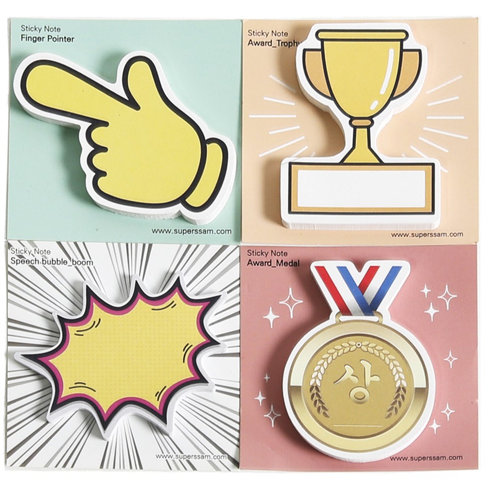 슈퍼쌤 활용만점 스티키노트 4종 세트, 손가락 + 트로피 + 말풍선 + 메달, 1세트 7,900원