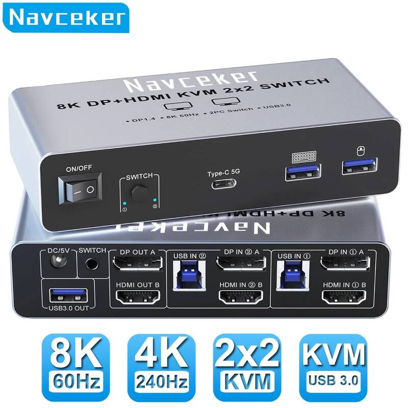 kvm스위치8포트 멀티 km스위치 C타입 Navceker 4K 240Hz 2x2 HDMI DP KVM 스위치 듀얼 모니터 확장 디스플레이 US 110vB 스위처 2 in out 169,600원