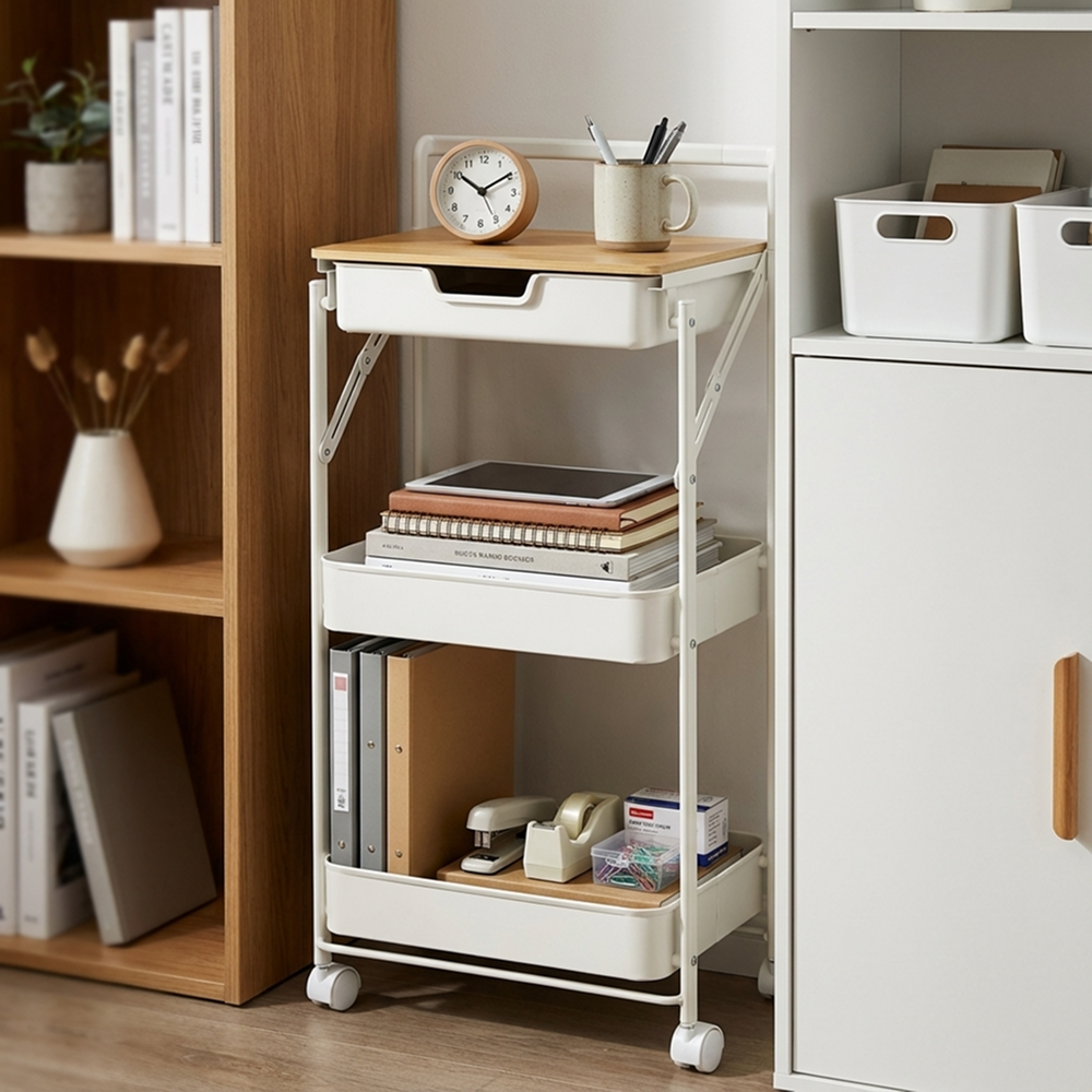 르엘 접이식 선반 이동식 철제 트롤리, 3단, 아이보리 37,900원