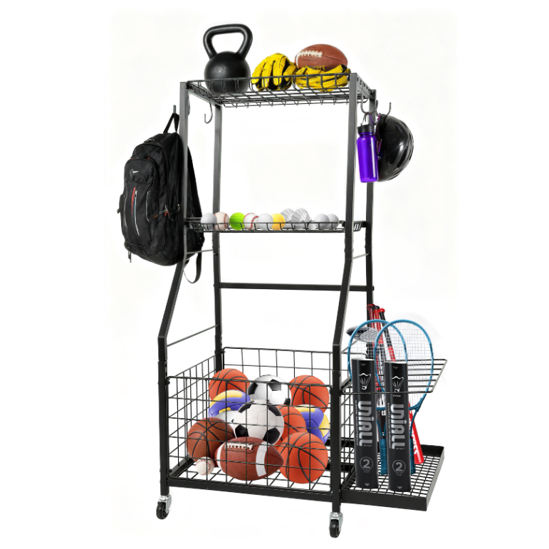 모던마켓 다용도 스포츠 장비 수납정리 이동식 선반 농구 축구 배구 첼제 헬스용품 보관함, 블랙, 현재가 32,900원