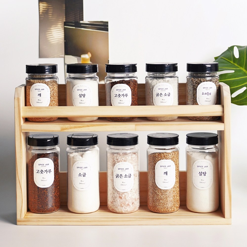 고운데코 양념통 세트 2단 원목 정리대 양념병 10P 밀폐 주방, 내추럴 선반 1P+트라이탄 소5P+대5P+스티커2P, 1세트 42,900원