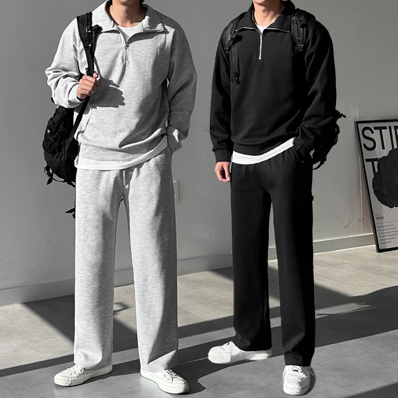 프리미엄 고급 남자 남성 반집업 맨투맨 세미와이드 트레이닝 바지 팬츠 츄리닝 셋업 상하의 세트 39,800원