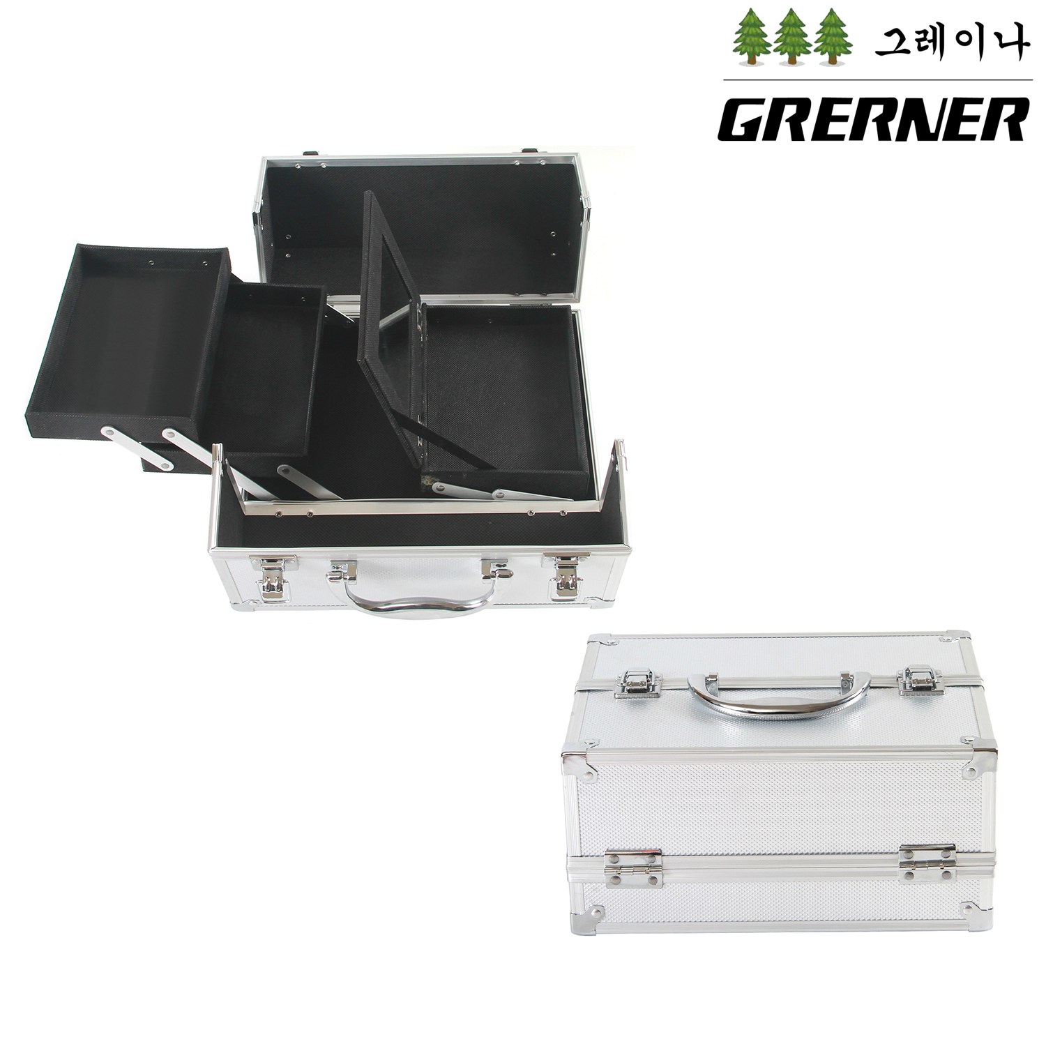 그레이나 전문가용 메이크업 캐리어 2단 화장품 박스 대용량 수납 케이스, 1개, 실버 28,000원