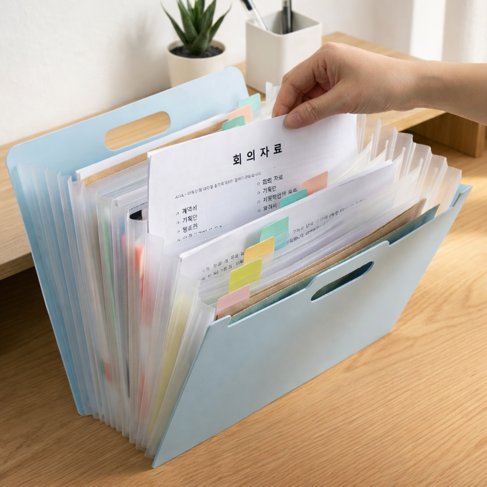 1평공간 손잡이 스탠딩 대용량 아코디언 파일 A4 13칸 시험지 보관함 학습지 정리 도큐먼트 화일, 1개, 네이비 17,800원