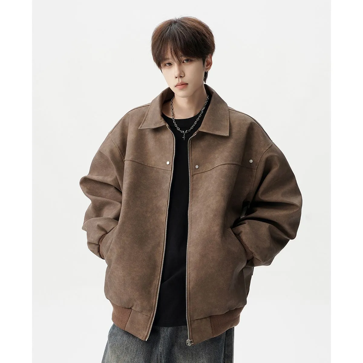 BLACK K7 남성 봄가을 오버핏 가죽자켓 캐주얼 커플룩 집업 코트 47,900원