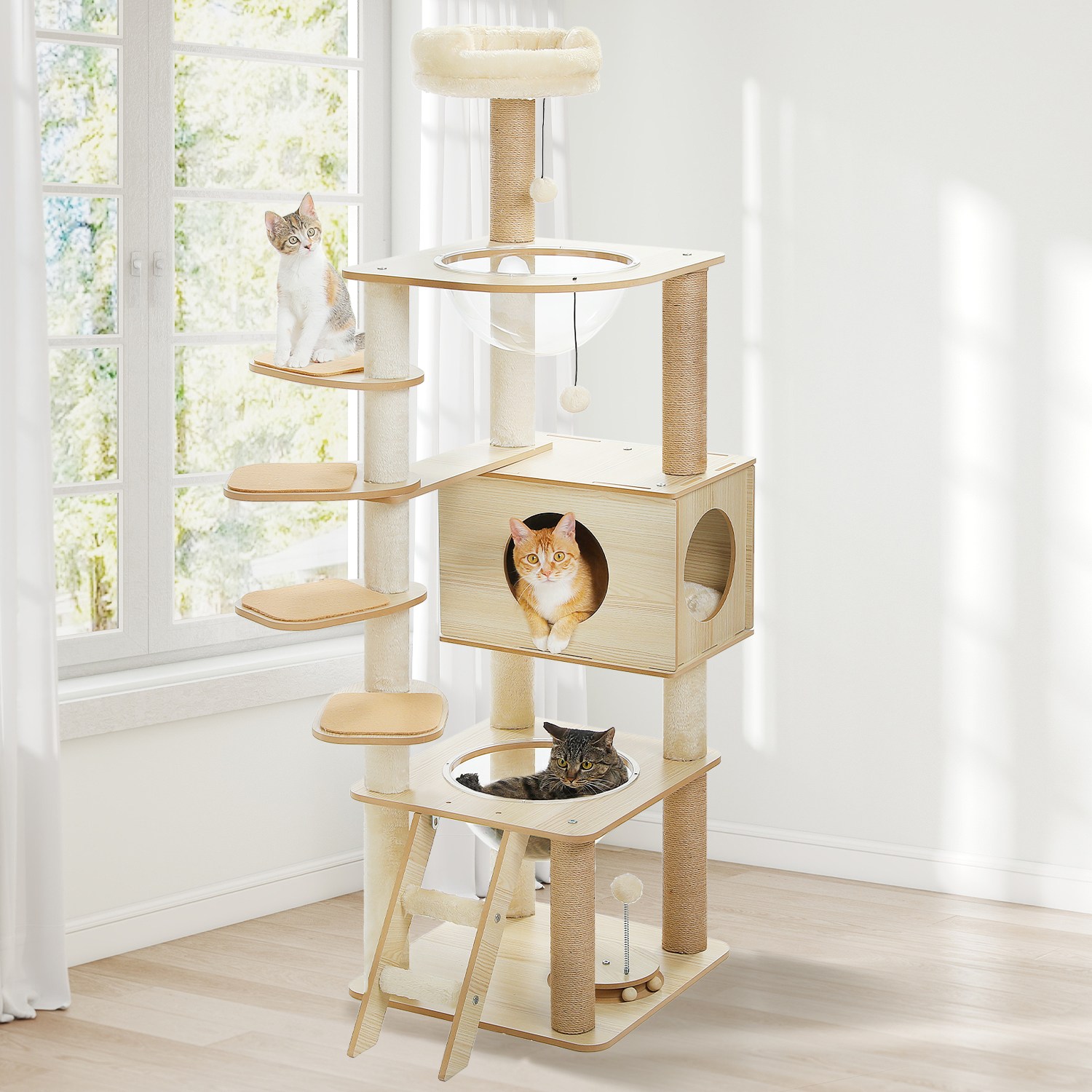 PAWZ Road 6단 중대형 다기능 우드 캣타워 150cm, 발판+아크릴 해먹+스크래쳐 기둥+원목 트랙볼 85,000원