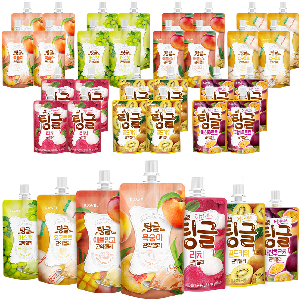 로엘 팅글 곤약젤리 7종 5팩 총 35팩 복숭아 130g  5p + 요구르트 130g   5p + 애플망고 130g  5p + 머스캣 130g  5p + 리치맛 80g  5p + 골드키위맛 80g  5p + 패션후르츠맛 80g  5p 24,900원