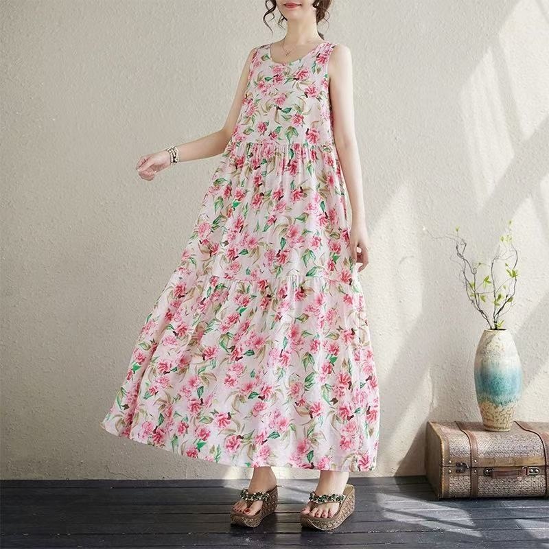 [미시108] 빅사이즈/88까지 캉캉 여성 원피스02 린넨 민소매 롱 플라워 플리츠 바캉스 휴양지 루즈핏 26,800원