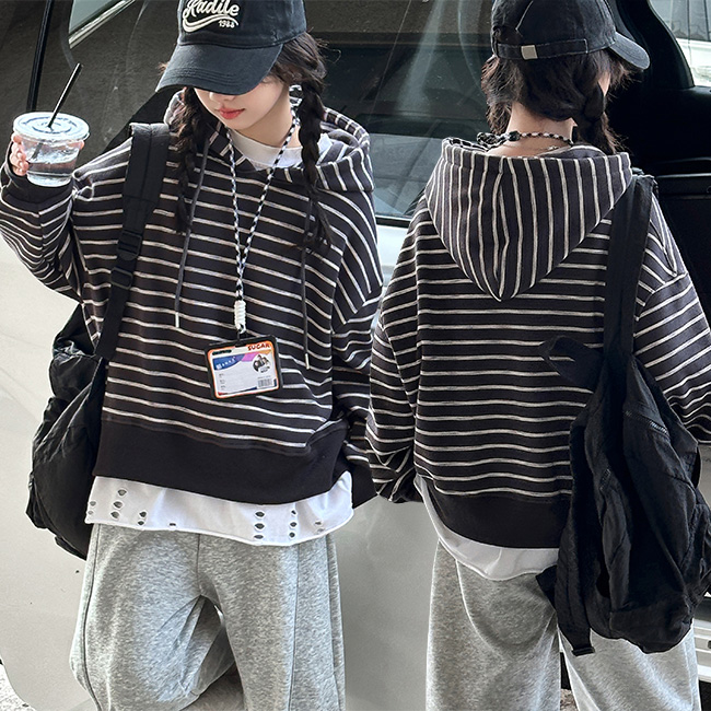 비비키드 여아 기모 신상 겨울 초중생 스트라이프 맨투맨 후드티 상하복 세트 주니어 긴팔 상의+하의 세트 초등생 레터링 긴바지 (77859) 53,300원